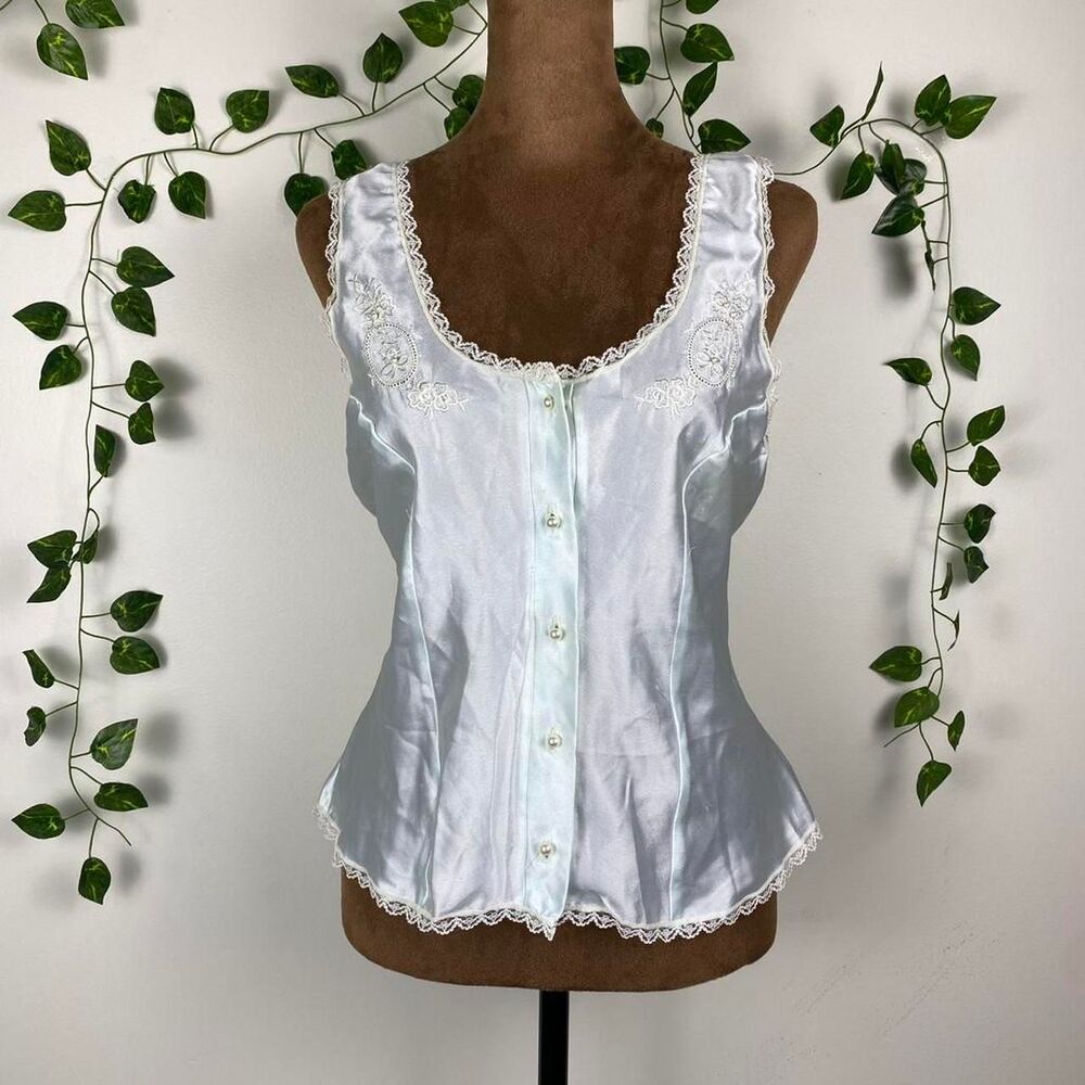 Victoria’s Secret Gold label 80s vintage light blue embroidered beaded lace trim